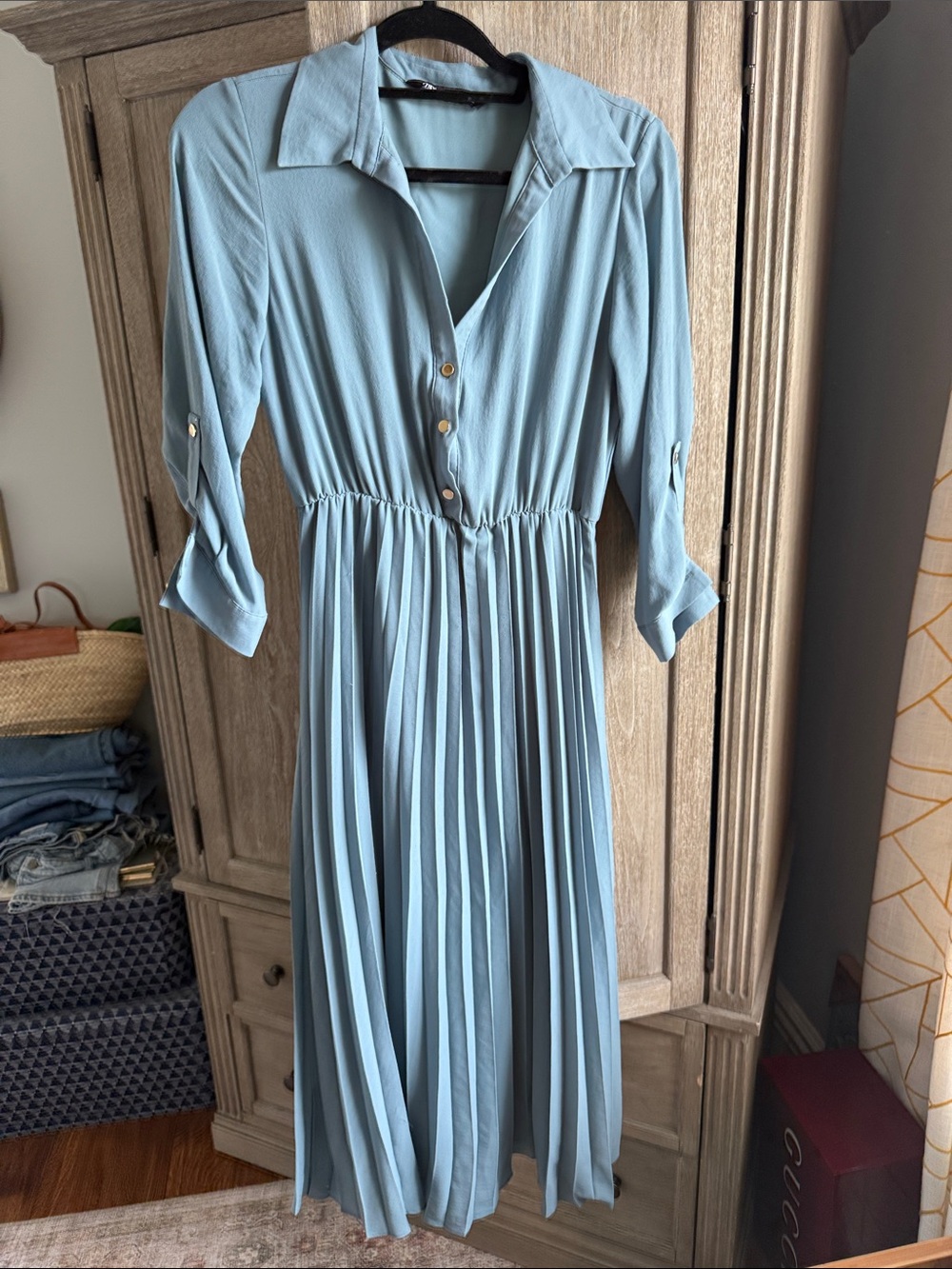 Zara Light Blue Pleated Shirt Dress with Gold Buttons